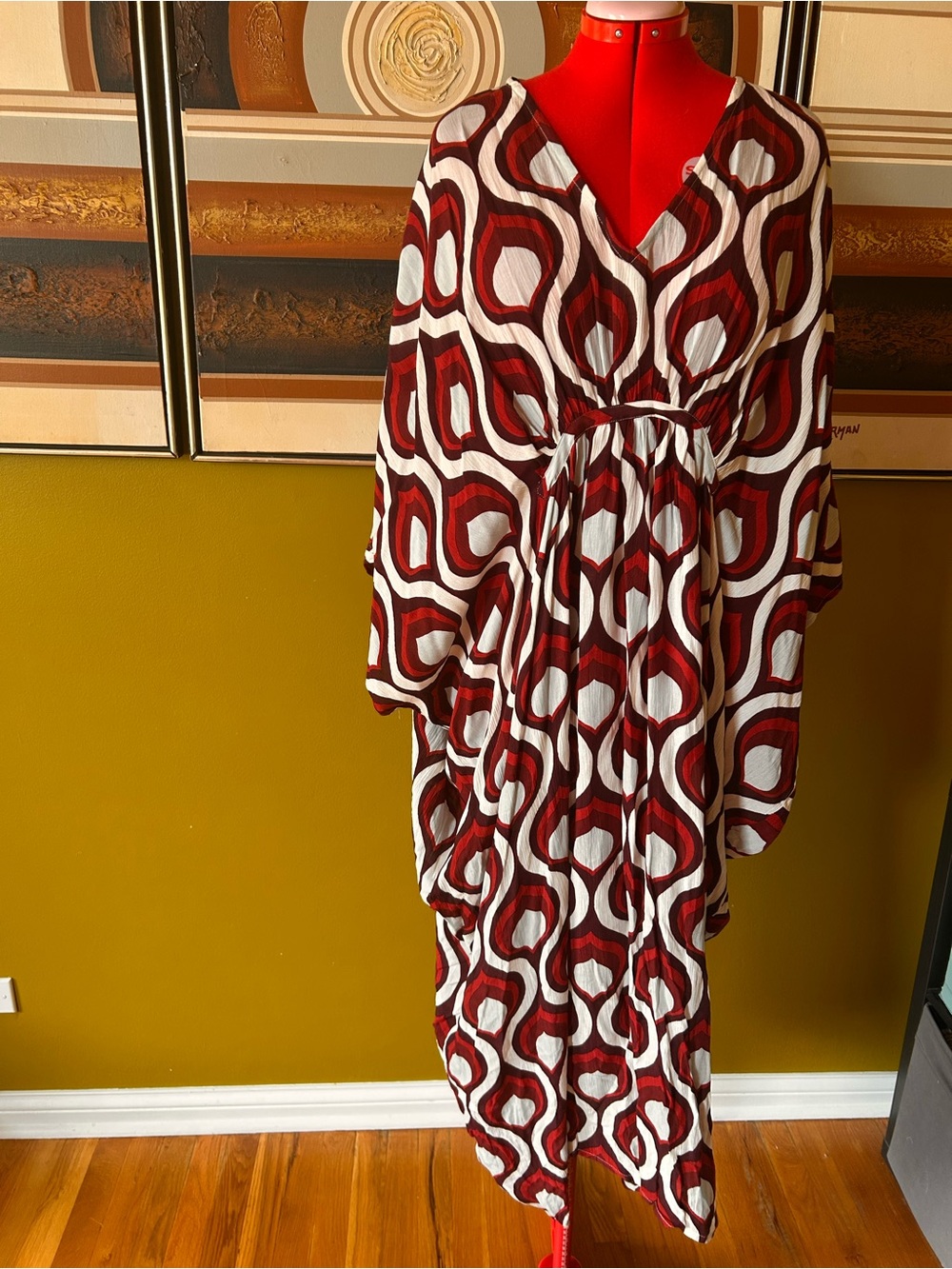 Free People Burgundy and White Geometric Kaftan Maxi Dress